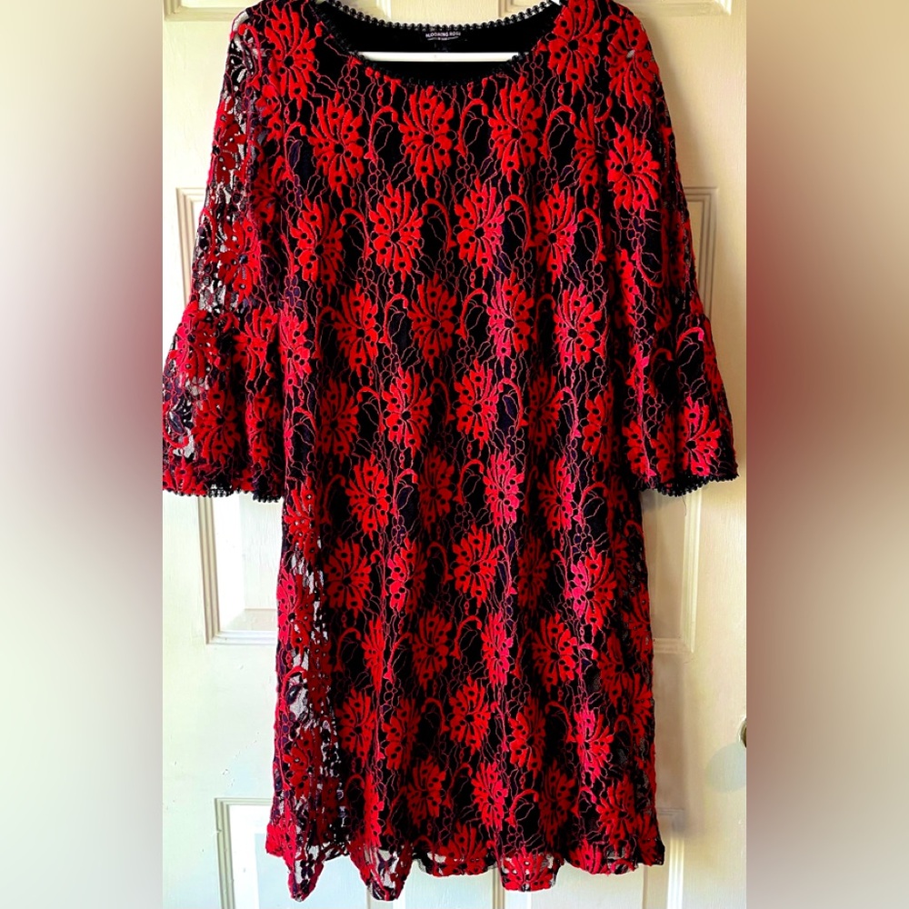 Blooming Rose Red Black Floral Lace Bell Sleeve Midi Dress 1X Valentine’s Day
